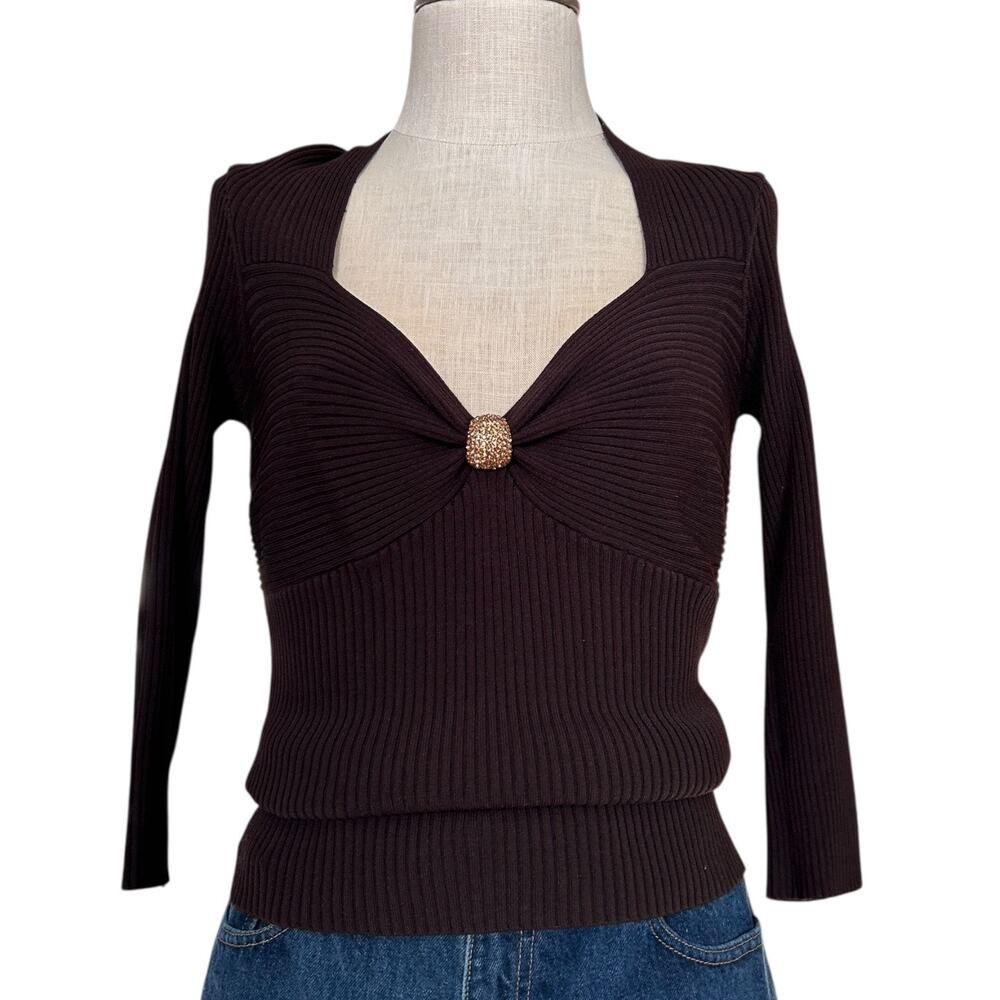 Cache Brown Gold Ribbed Tube Top Shirt Womens Sz Large Y2K V Neck 3/4 Sleeve - Picture 2 of 16